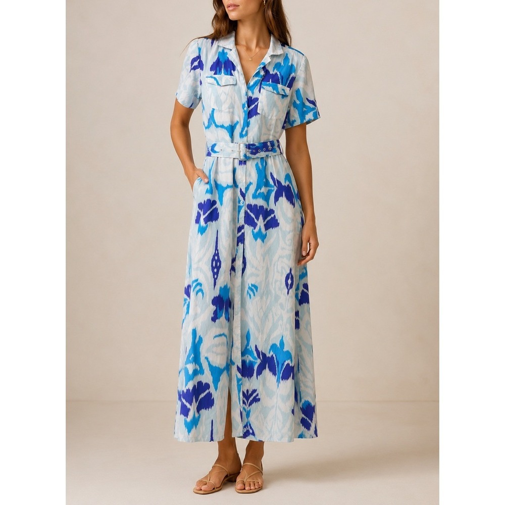 Sheridan French Printed Belted Shirt Maxi Dress Blue Medium Preppy